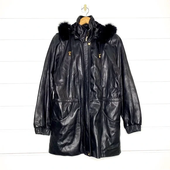 Vintage Genuine Lambskin Leather Black Parka w/ Fox Fur Trimmed Removable Hood - Picture 2 of 15